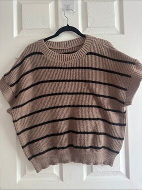 Taupe Striped Knit Short-Sleeve Sweater - Women